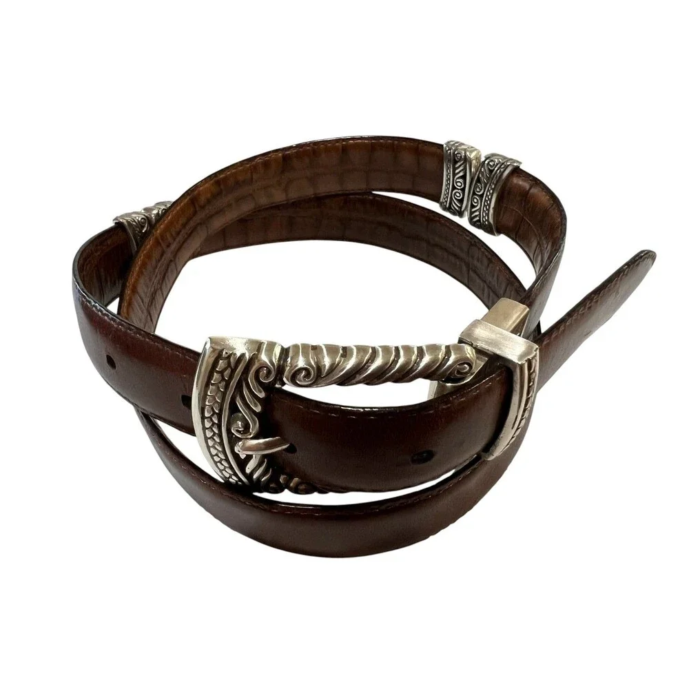 Brighton Vintage Reversible Smooth Brown / Croc Brown Leather Belt Silver Buckle